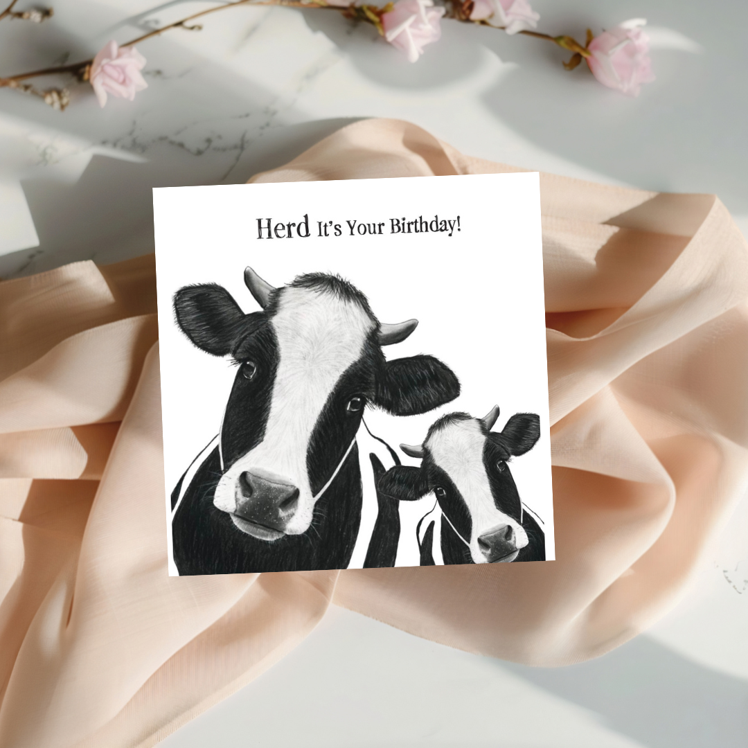 Herd It’s Your Birthday – Hand-Drawn Cow Greeting Card | Fun & Whimsical Celebration Art