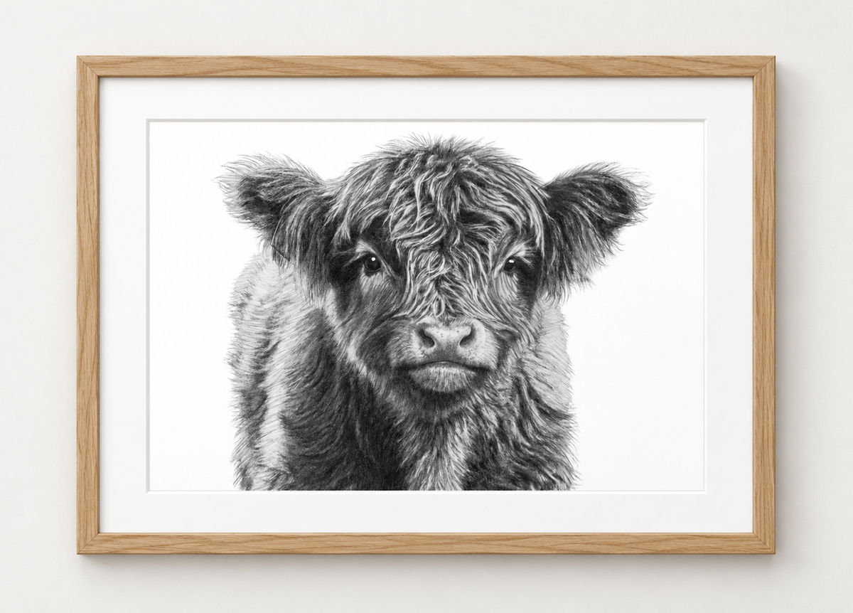 Highland Calf Fine Art Print in Oak frame with white mount