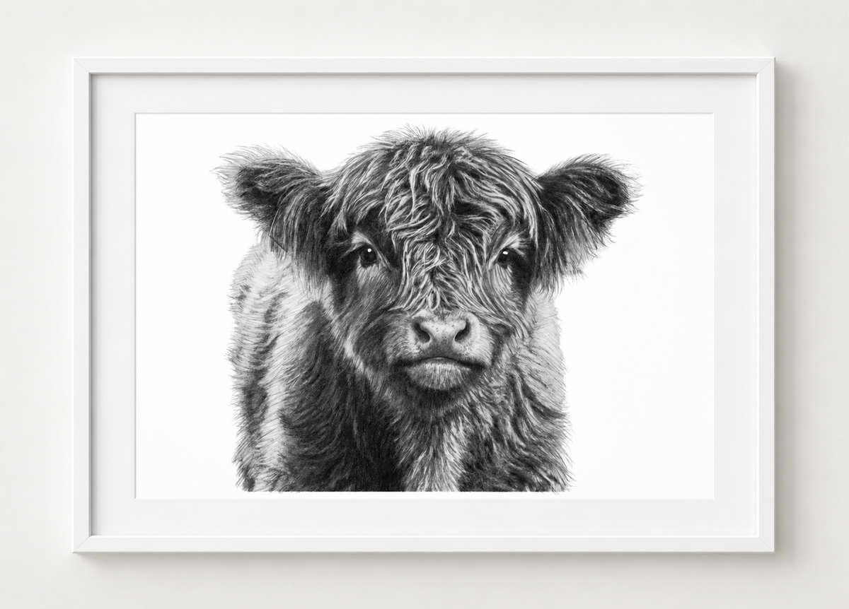 Highland Calf Fine Art Print in White frame with white mount