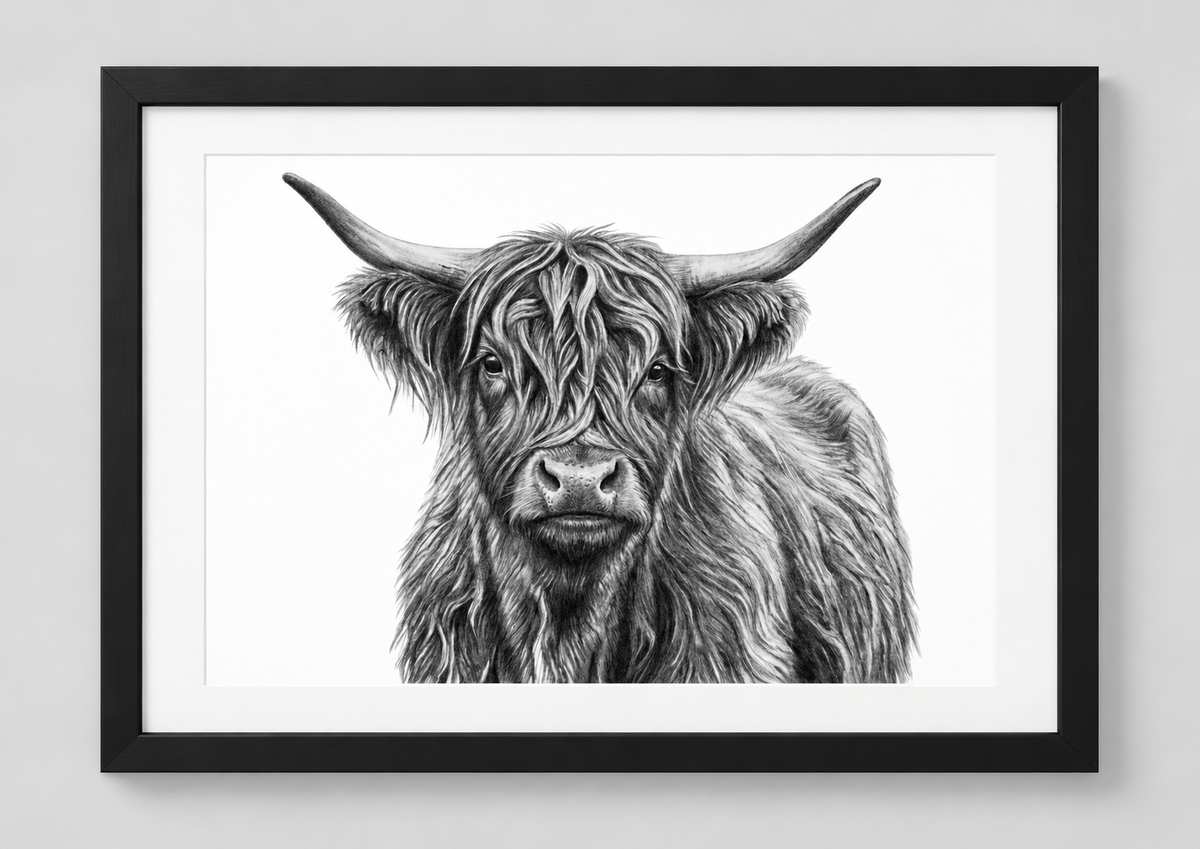 Highland Cow print in black landscape frame with white mount