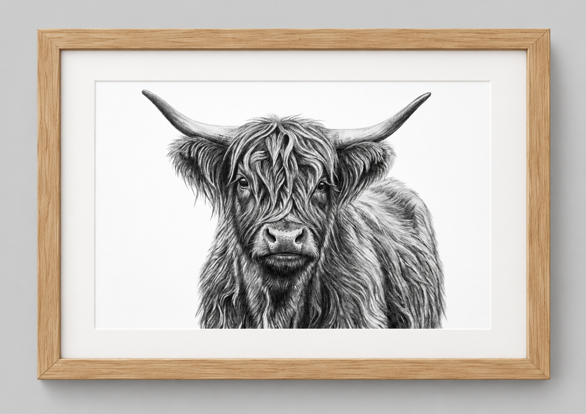 Highland Cow print in oak landscape frame with white mount