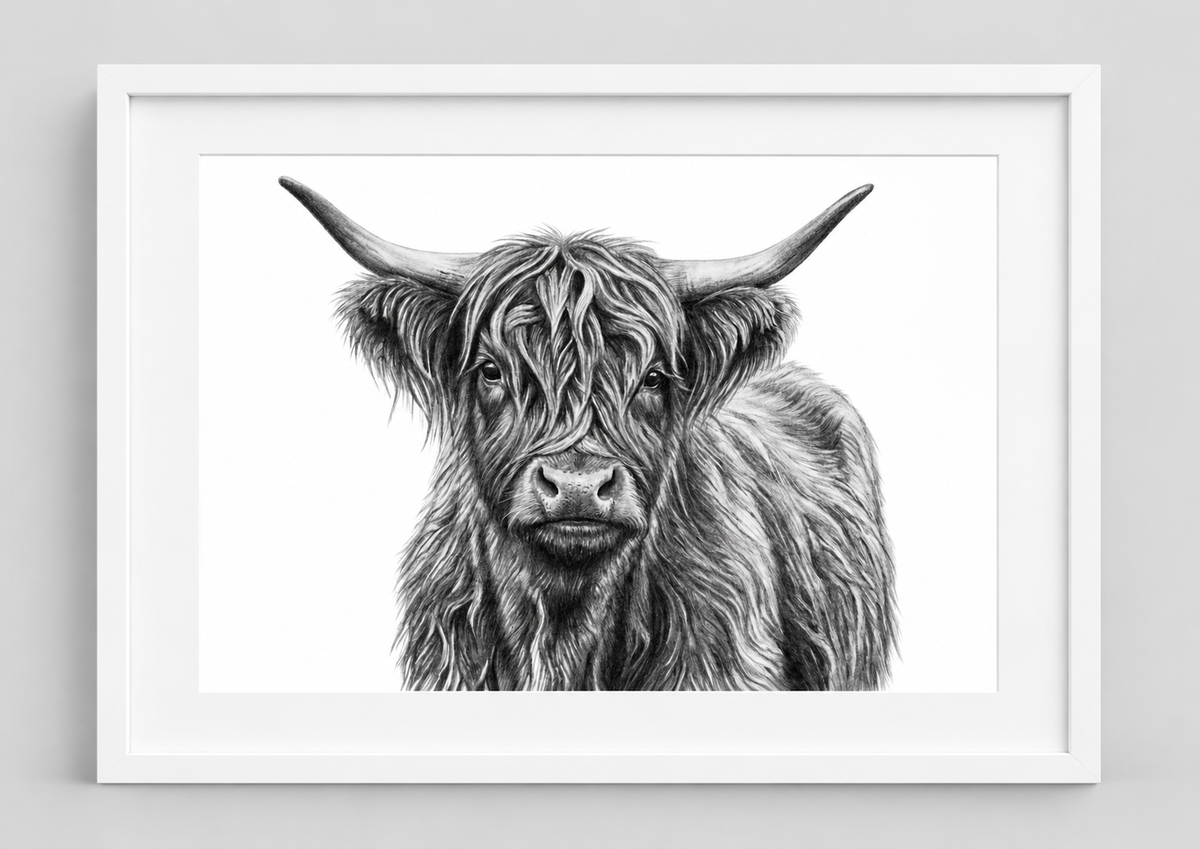 Highland Cow print in white landscape frame with white mount