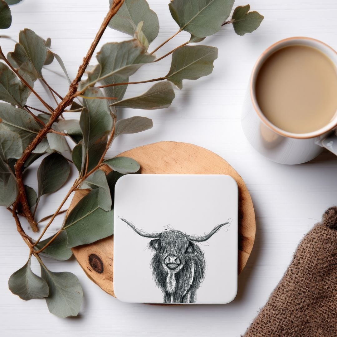 Hand-drawn Highland Cow illustration with a green background on a drinks coaster by Libra Fine Arts. A beautifully detailed and rustic design, perfect for adding a touch of countryside charm to your home decor while protecting surfaces.