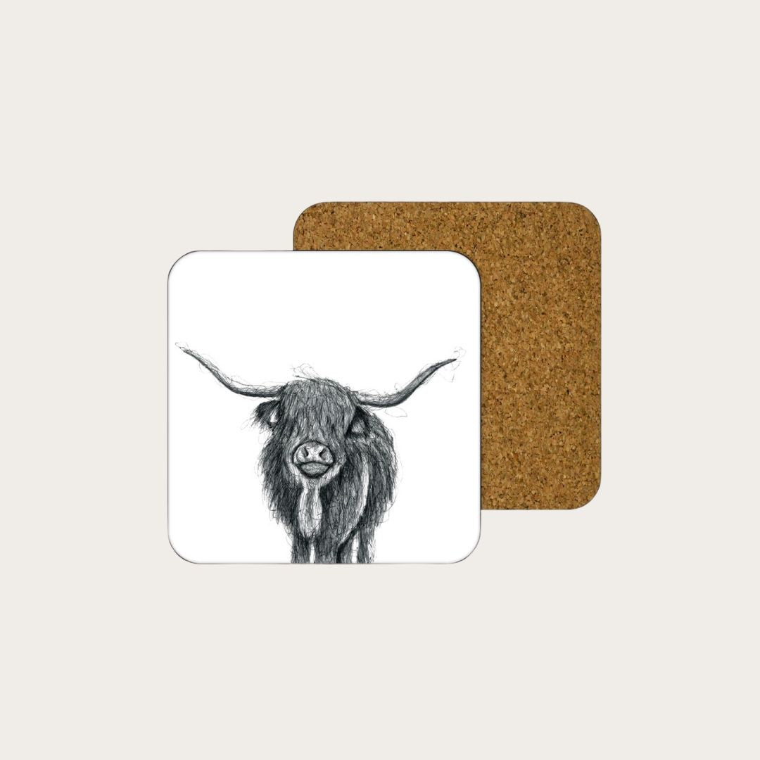 Highland Cow Drinks Coaster From Libra Fine Arts .  Popular Sustainable highland cow coaster, hand-drawn by Libra Fine Arts, featuring a charming highalnd cow illustration. Eco-friendly and perfect for animal lovers.a wonderful birthday present or christmas present for highlanc cow and countryside lovers and scottish highland fans