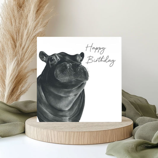 Happy Birthday Hippo Card – A charming hand-drawn hippo design to celebrate someone's special day