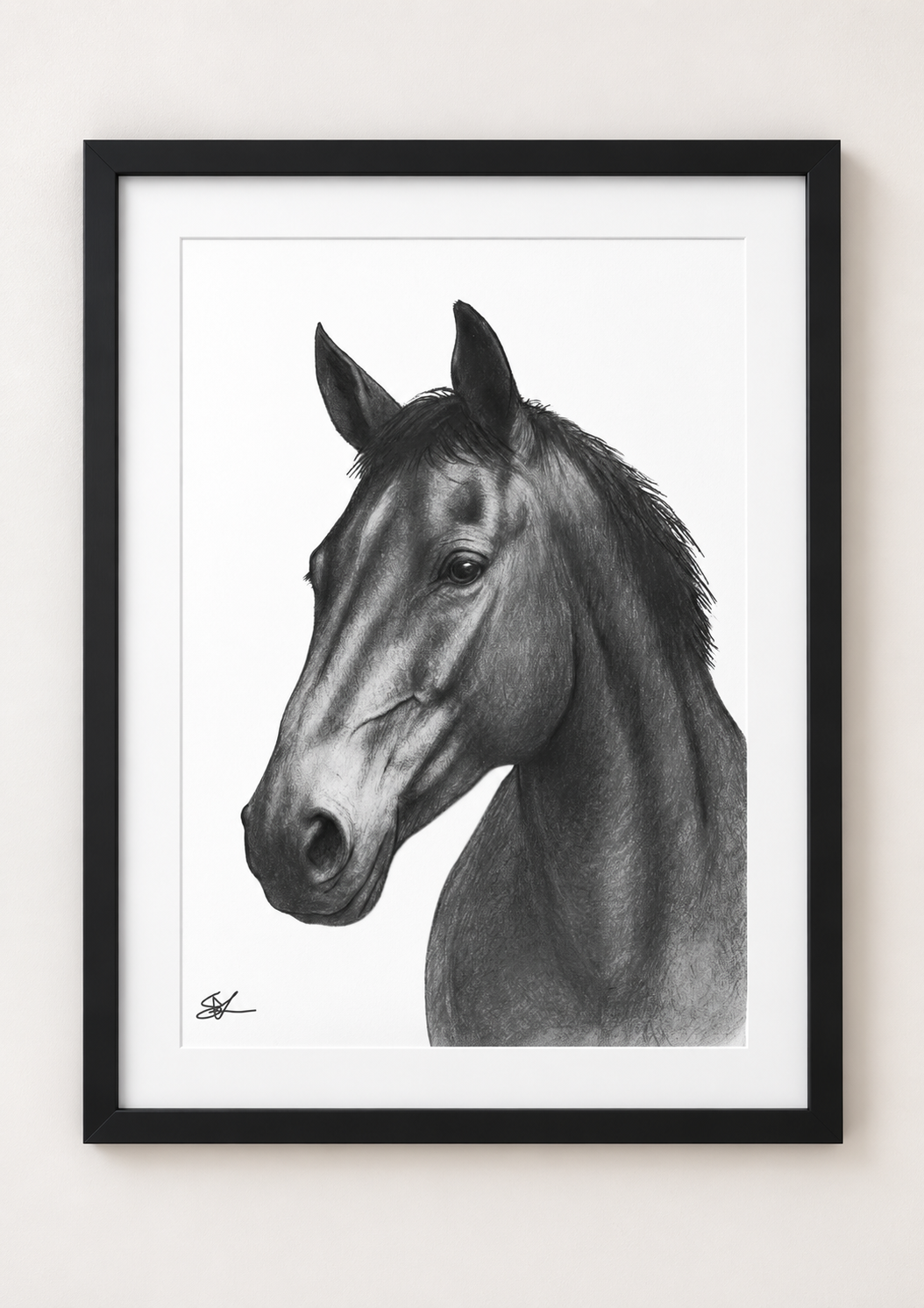 Horse Portrait Fine Art Print in a black frame with white mount, rectangular A4 style