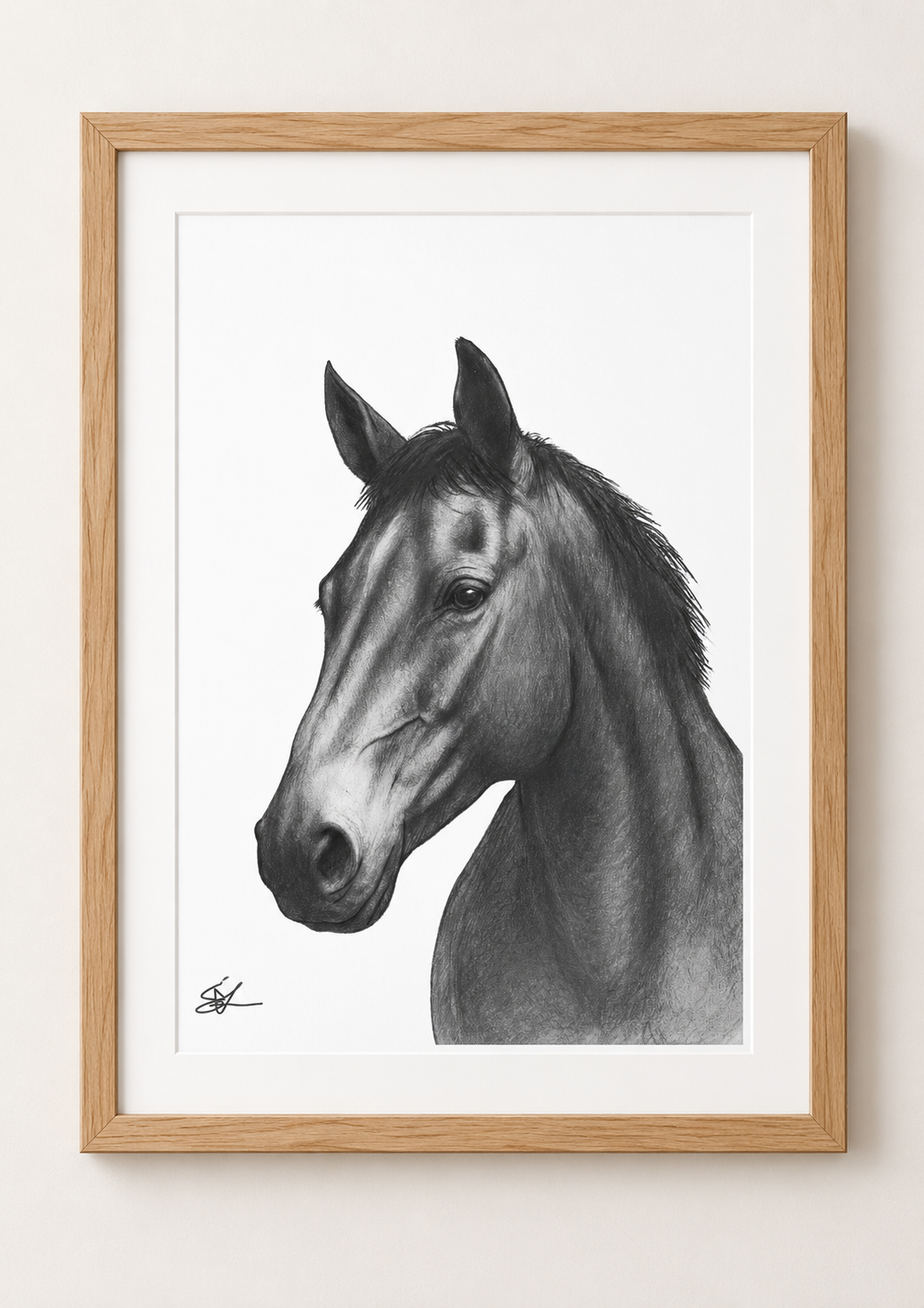 Horse Portrait Fine Art Print in a oak frame with white mount, rectangular A4 style