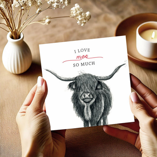 I Love Moo So Much Card – A beautifully hand-drawn Highland Cow design, perfect for cow lovers and a fun way to share love and appreciation