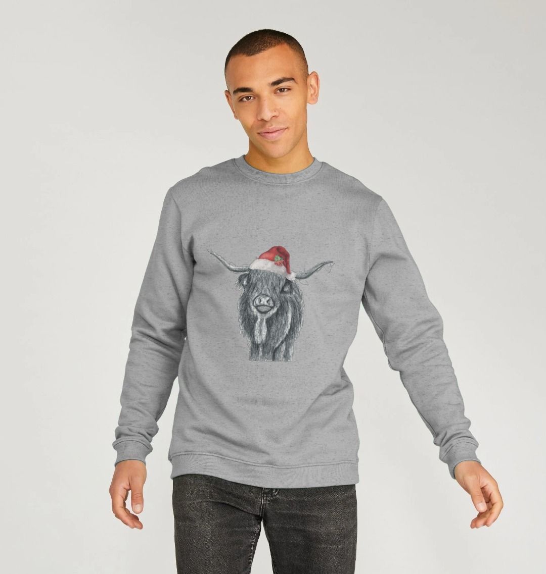 Men's Crew Neck Festive Highland Cow Sweater Certified Organic Cotton