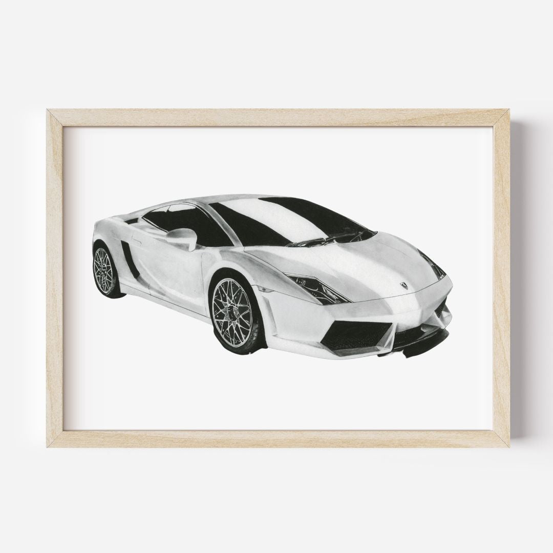 Lamborghini Gallardo Car Fine Art Print - Wall Decor - Hand Drawn