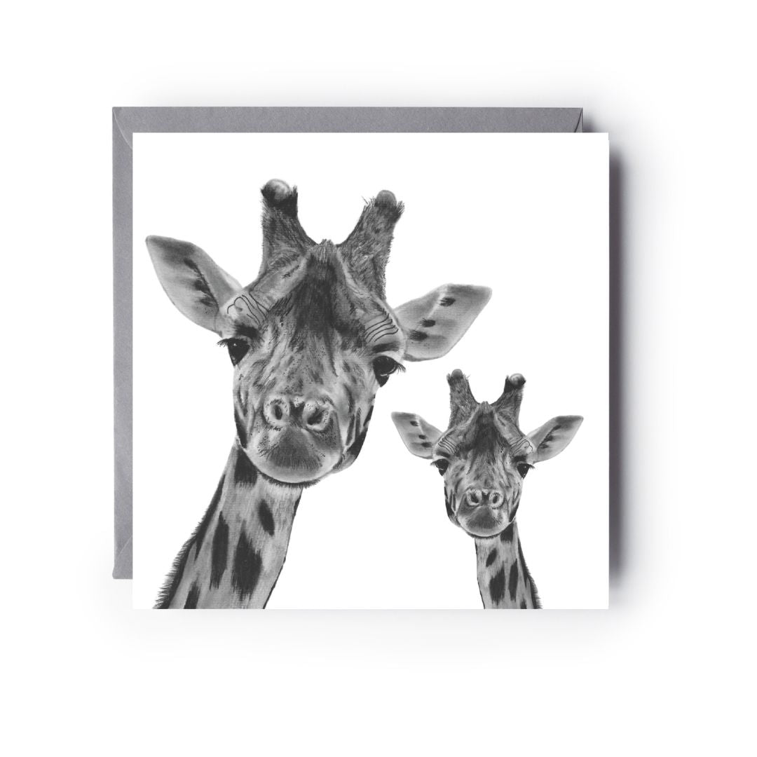 A Hand Drawn Giraffe and Baby Greeting Card From Libra Fine Arts