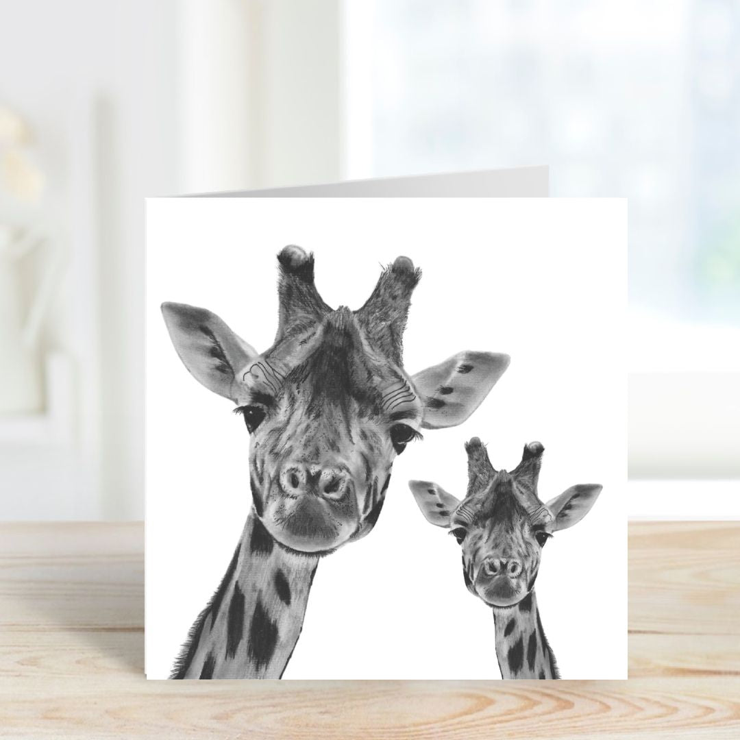A Hand Drawn Giraffe and Baby Greeting Card From Libra Fine Arts