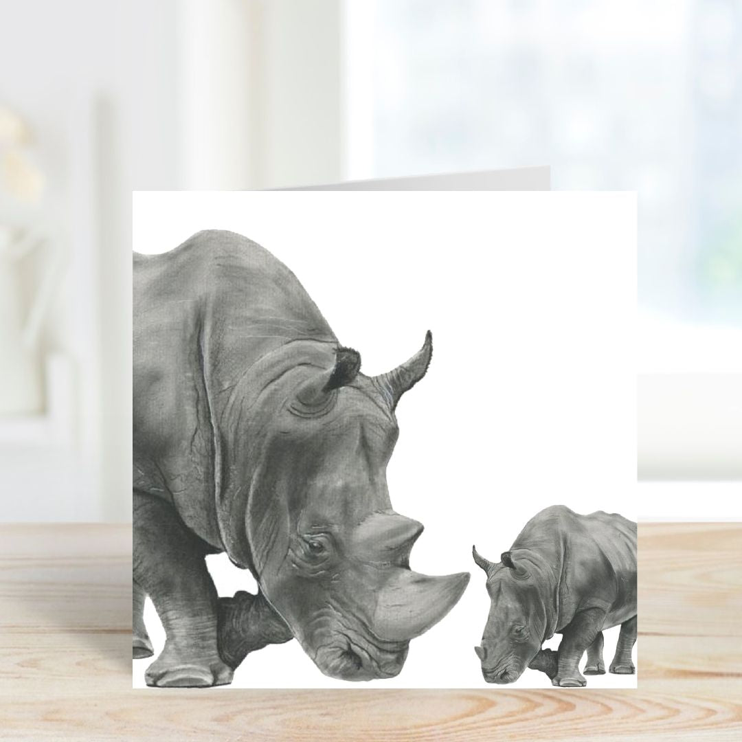 A Hand Drawn Rhino and Baby Greeting Card From Libra Fine Arts