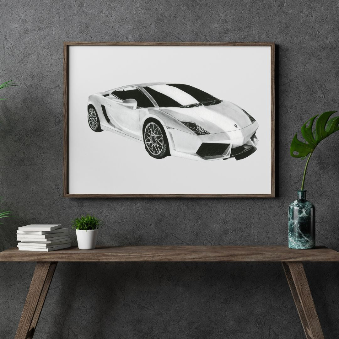 Lamborghini Gallardo Car Fine Art Print - Wall Decor - Hand Drawn
