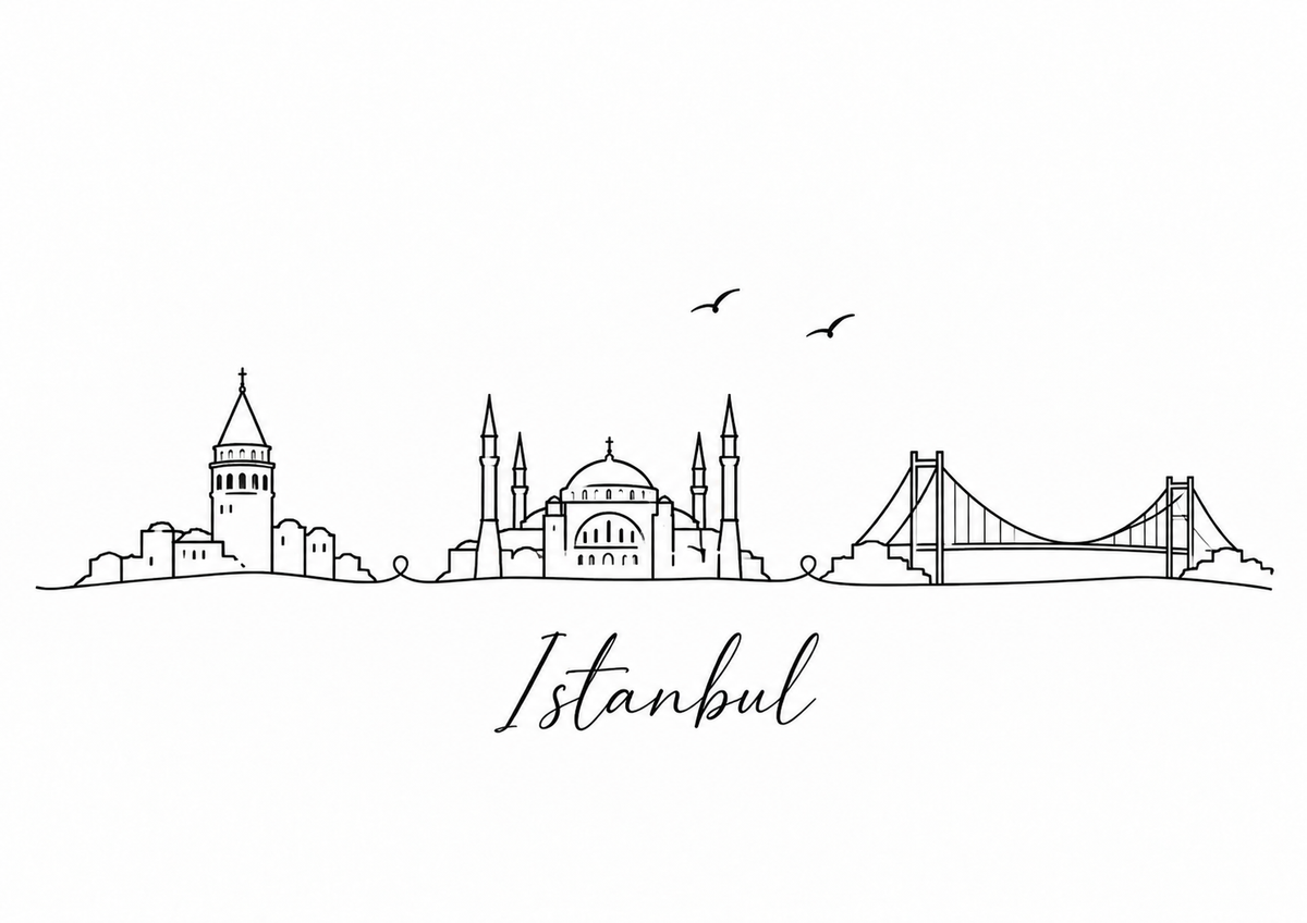 Istanbul skyline artwork featuring black line landmarks and city lettering on a white background