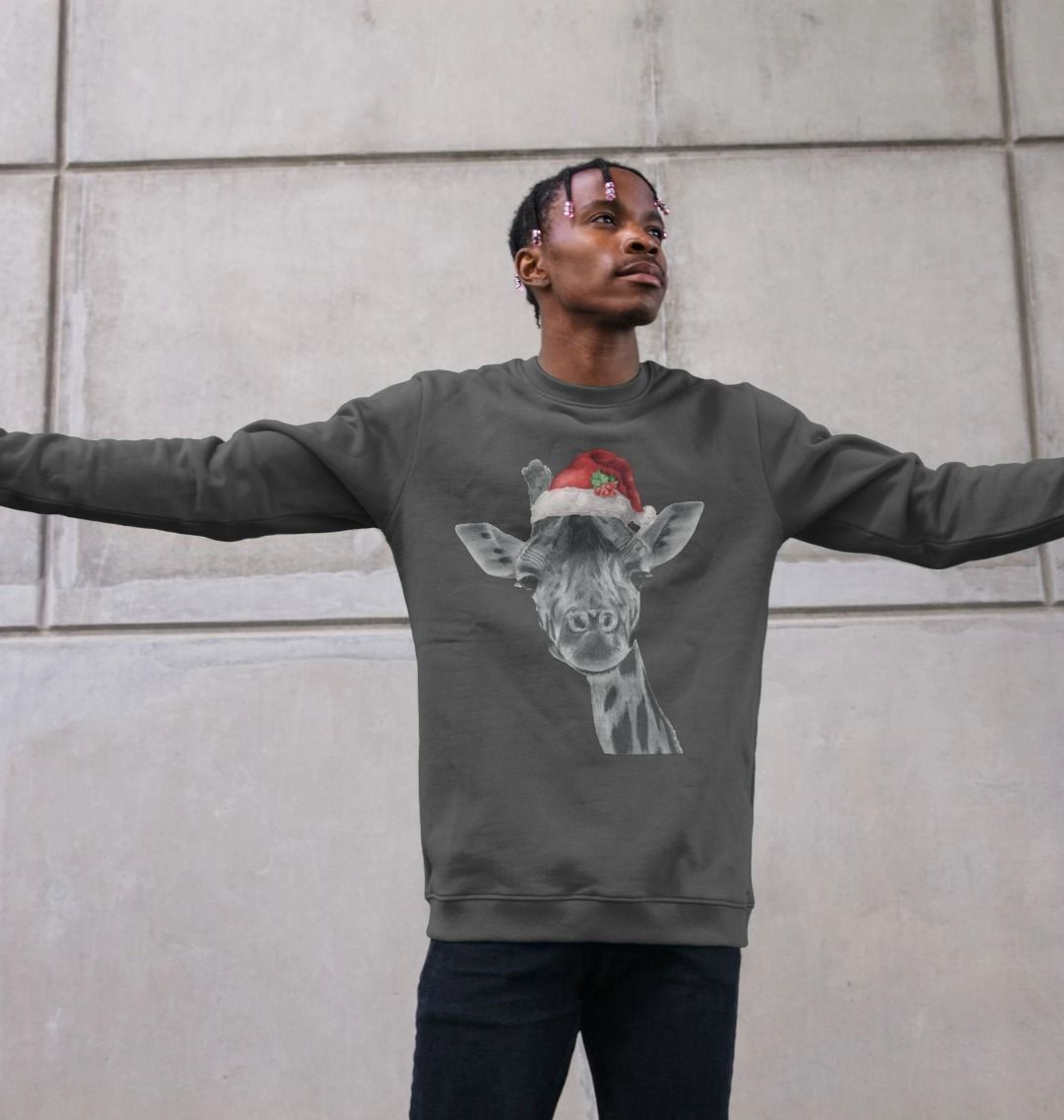 Men's Crew Neck Festive Giraffe Sweater Certified Organic Cotton