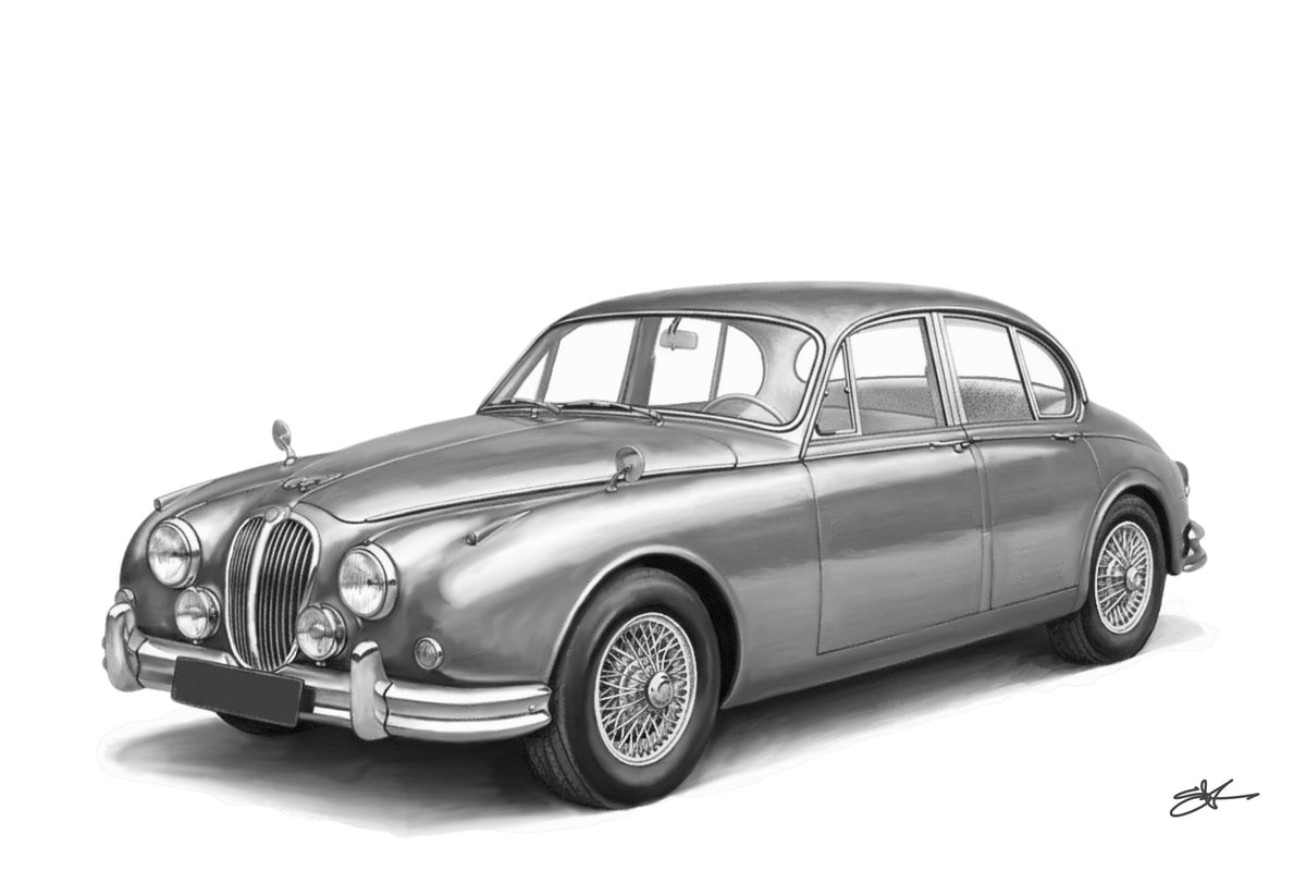 Hand-drawn Jaguar Mark 2 classic car fine art print