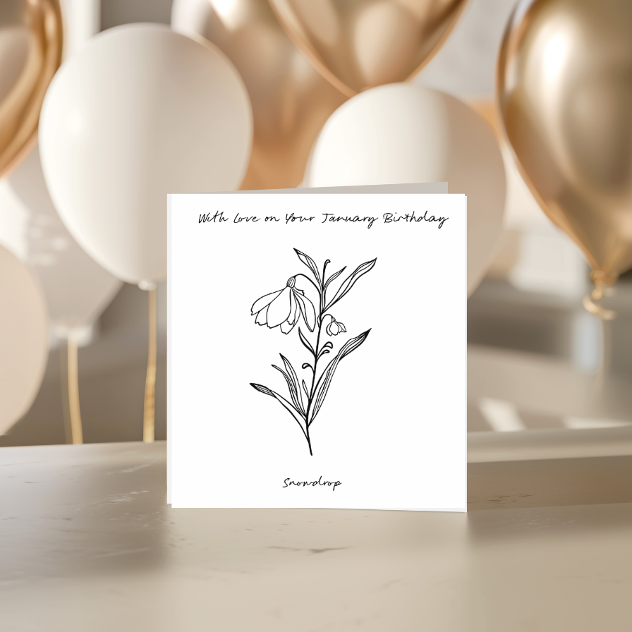 January – Snowdrops Birthday Card | Hand-Drawn Flower Illustration | Whimsical & Elegant Art