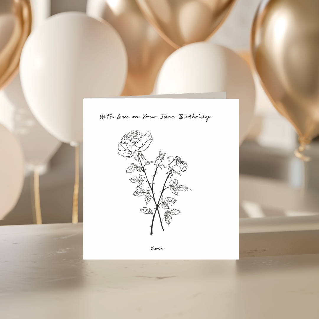 June – Rose Birthday Card | Hand-Drawn Flower Illustration | Whimsical & Elegant Art