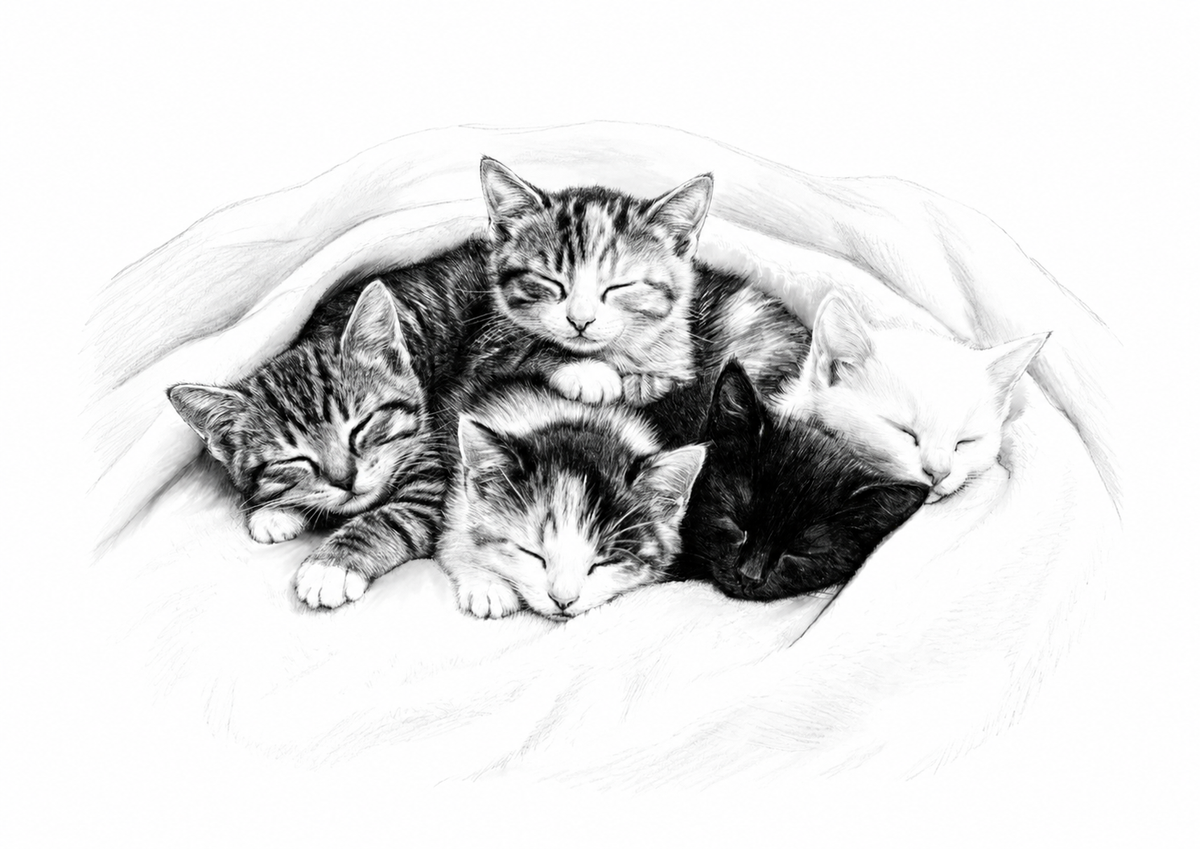 Five Sleeping Kittens fine art print artwork in A-series rectangle