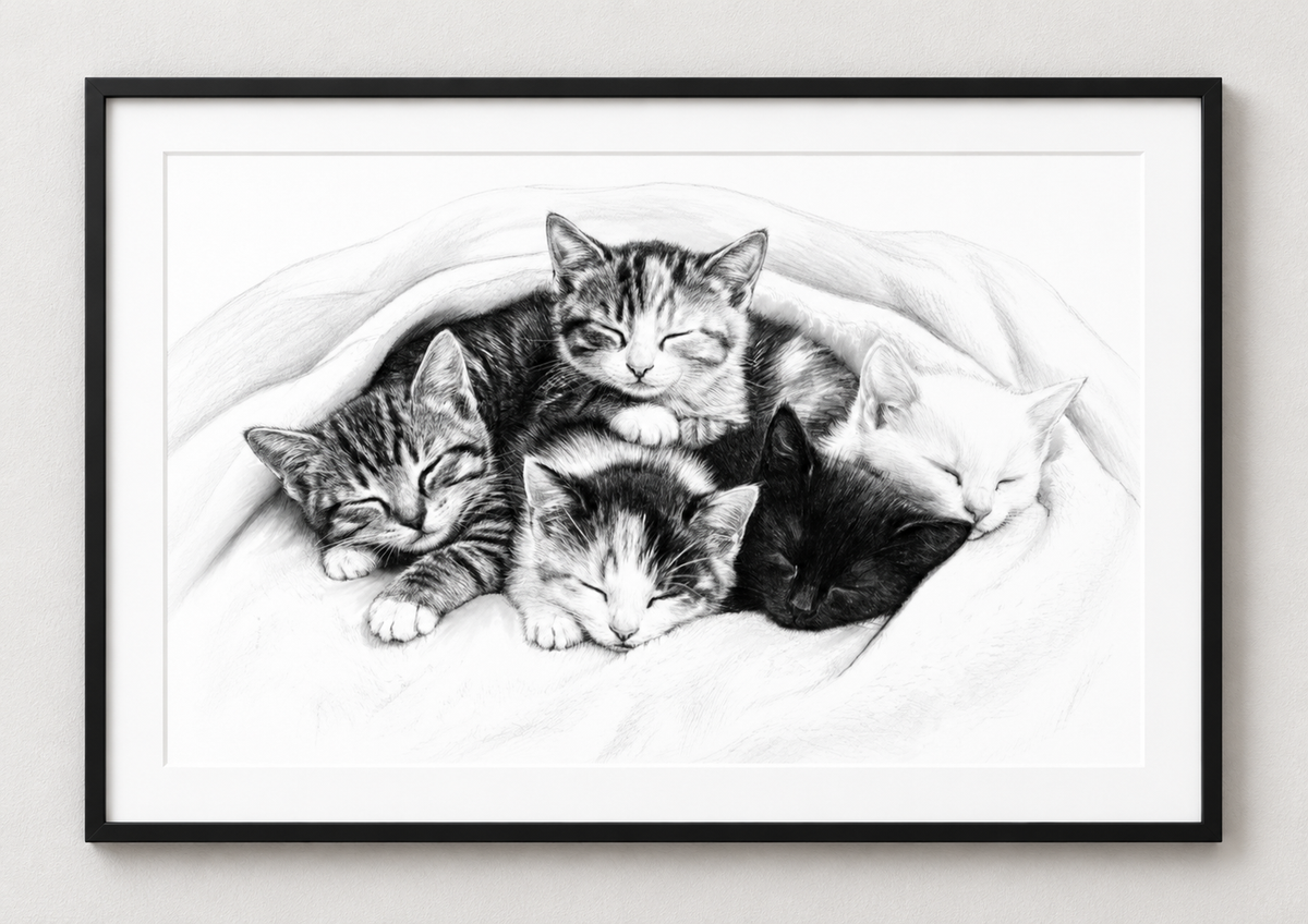 Five Sleeping Kittens fine art black frame mockup in A-series rectangle