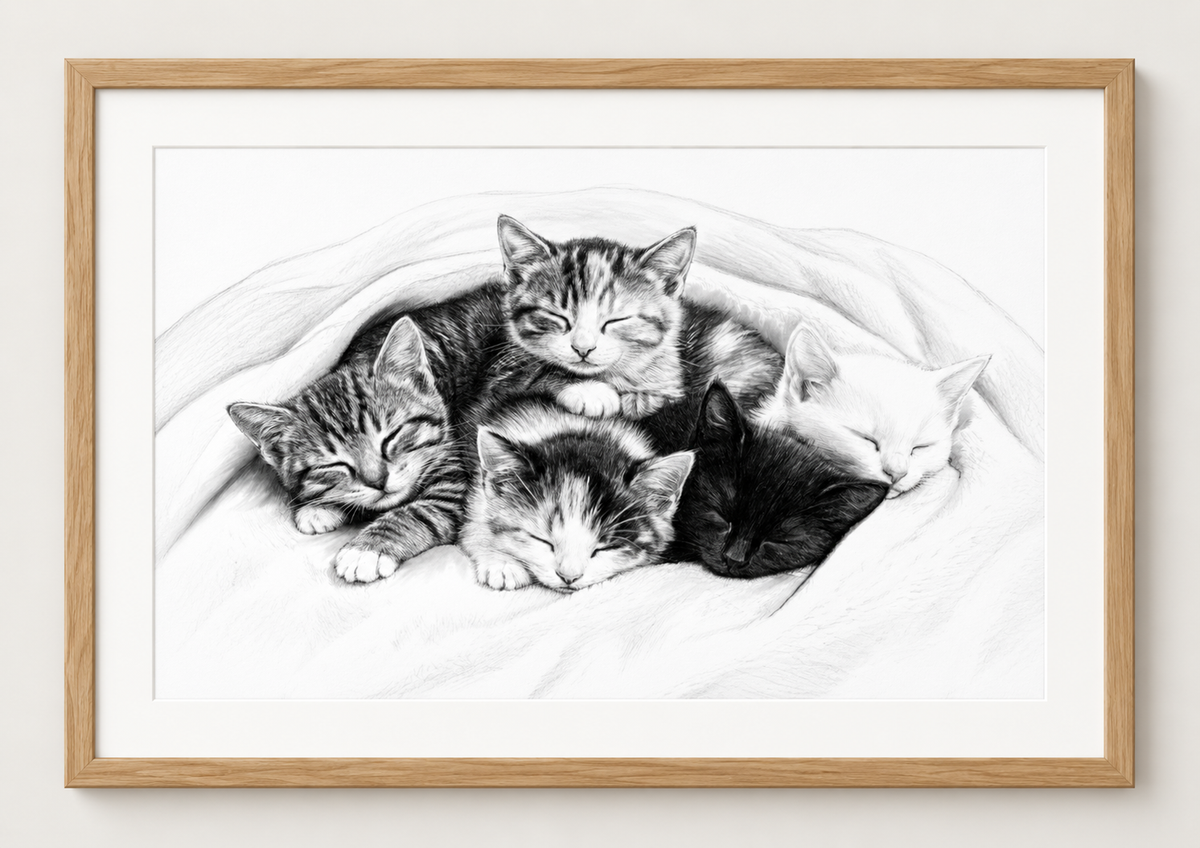 Five Sleeping Kittens fine art oak frame mockup in A-series rectangle