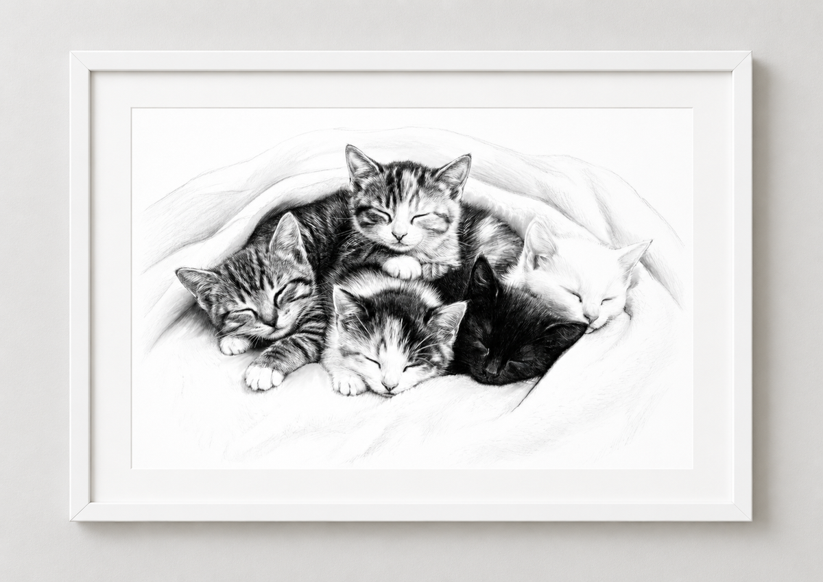 Five Sleeping Kittens fine art white frame mockup in A-series rectangle