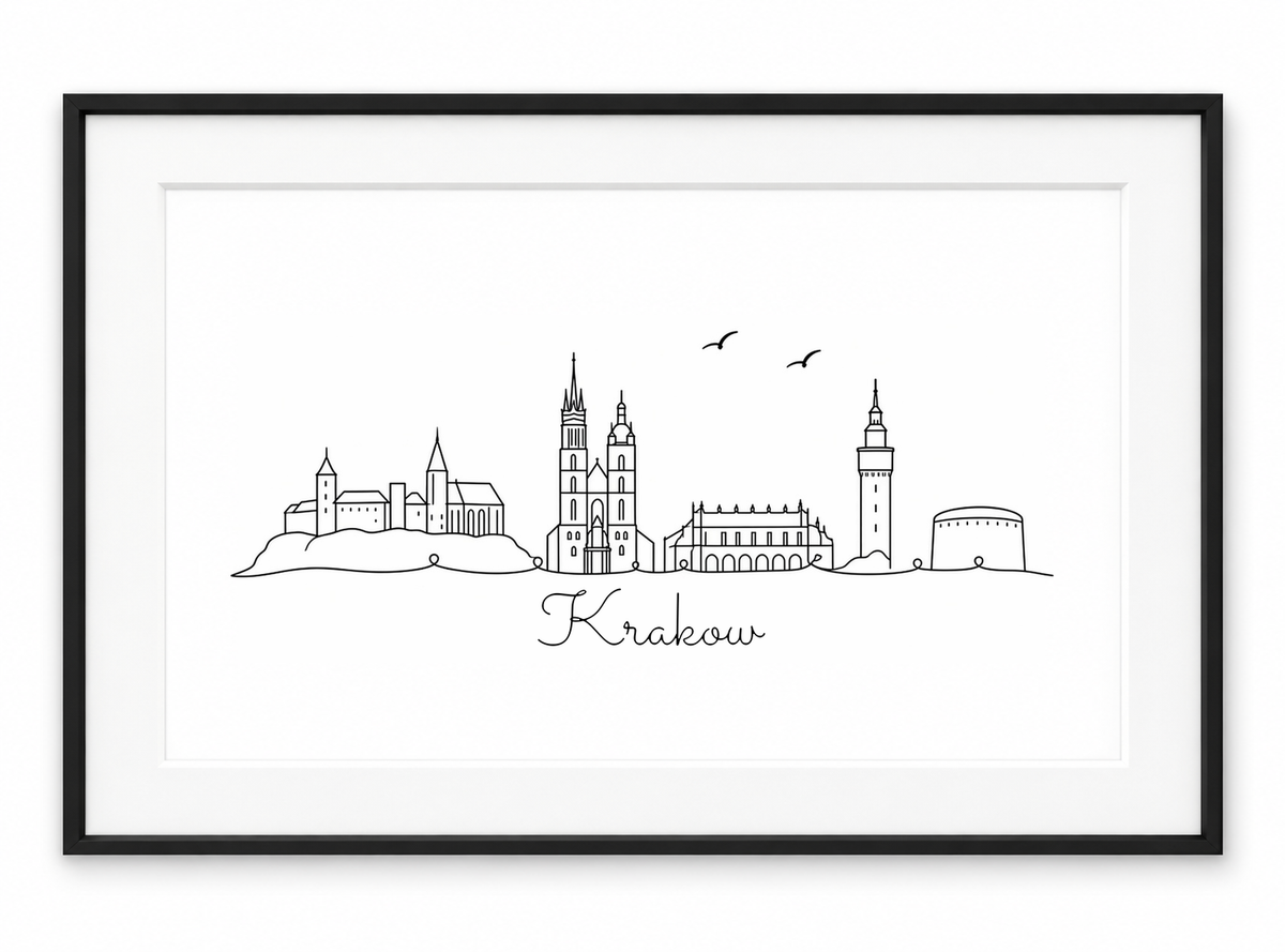 Krakow skyline print in black frame