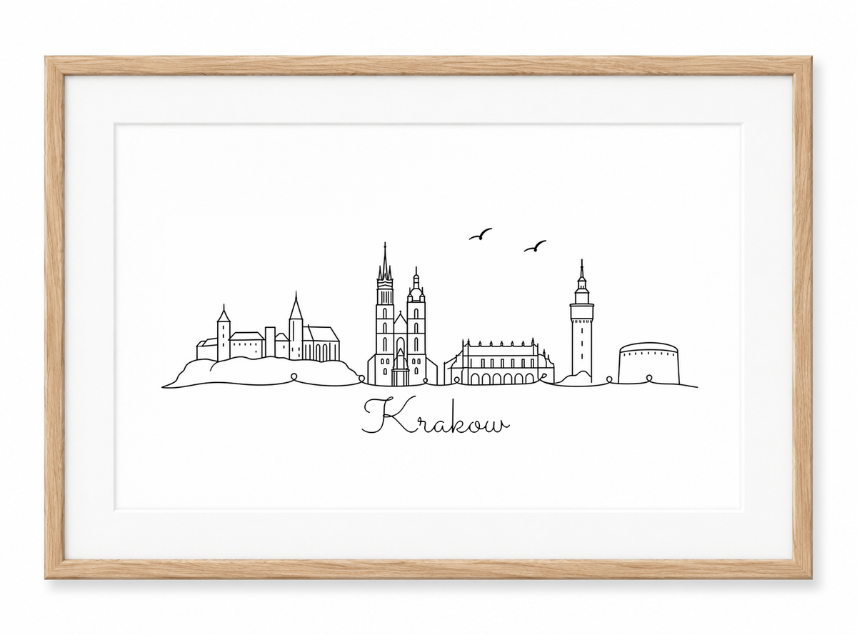 Krakow skyline print in oak frame