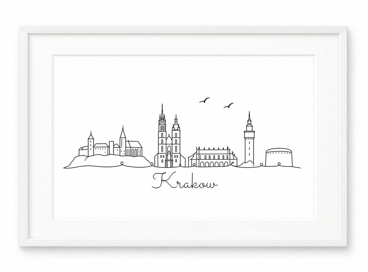 Krakow skyline print in white frame