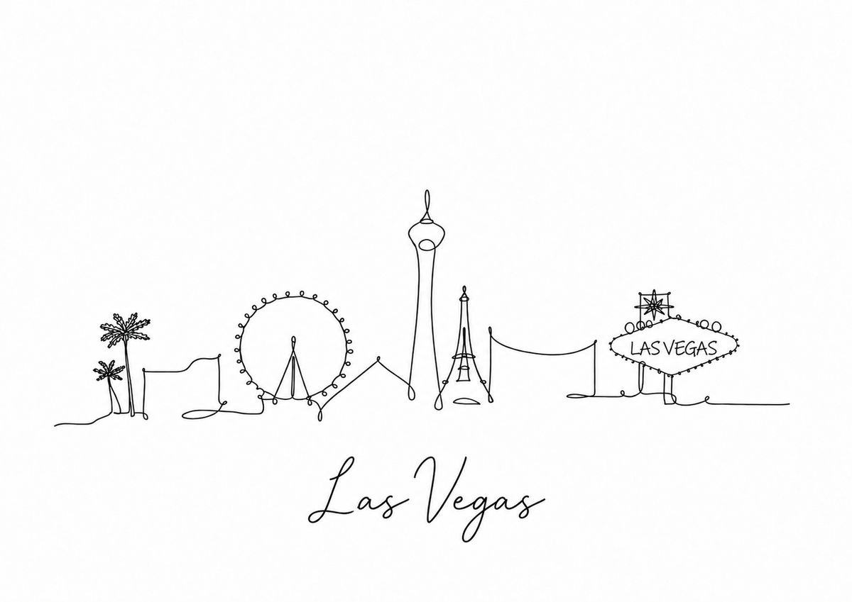 Las Vegas skyline greeting card artwork featuring minimalist black line illustrations of city landmarks