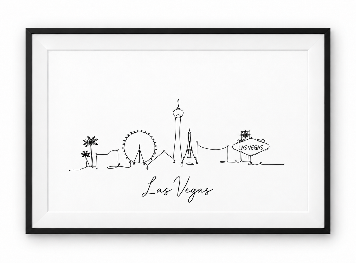 Las Vegas skyline with handwritten city name – black frame with white mount