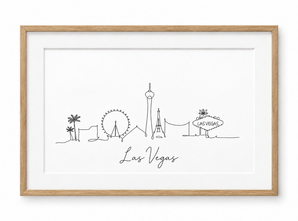 Las Vegas skyline with handwritten city name – oak frame with white mount