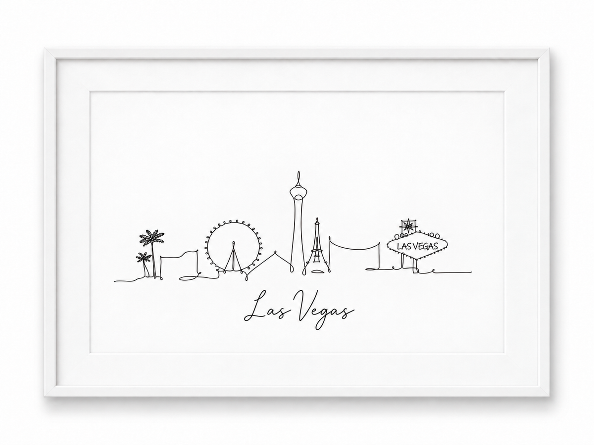 Las Vegas skyline with handwritten city name – white frame with white mount
