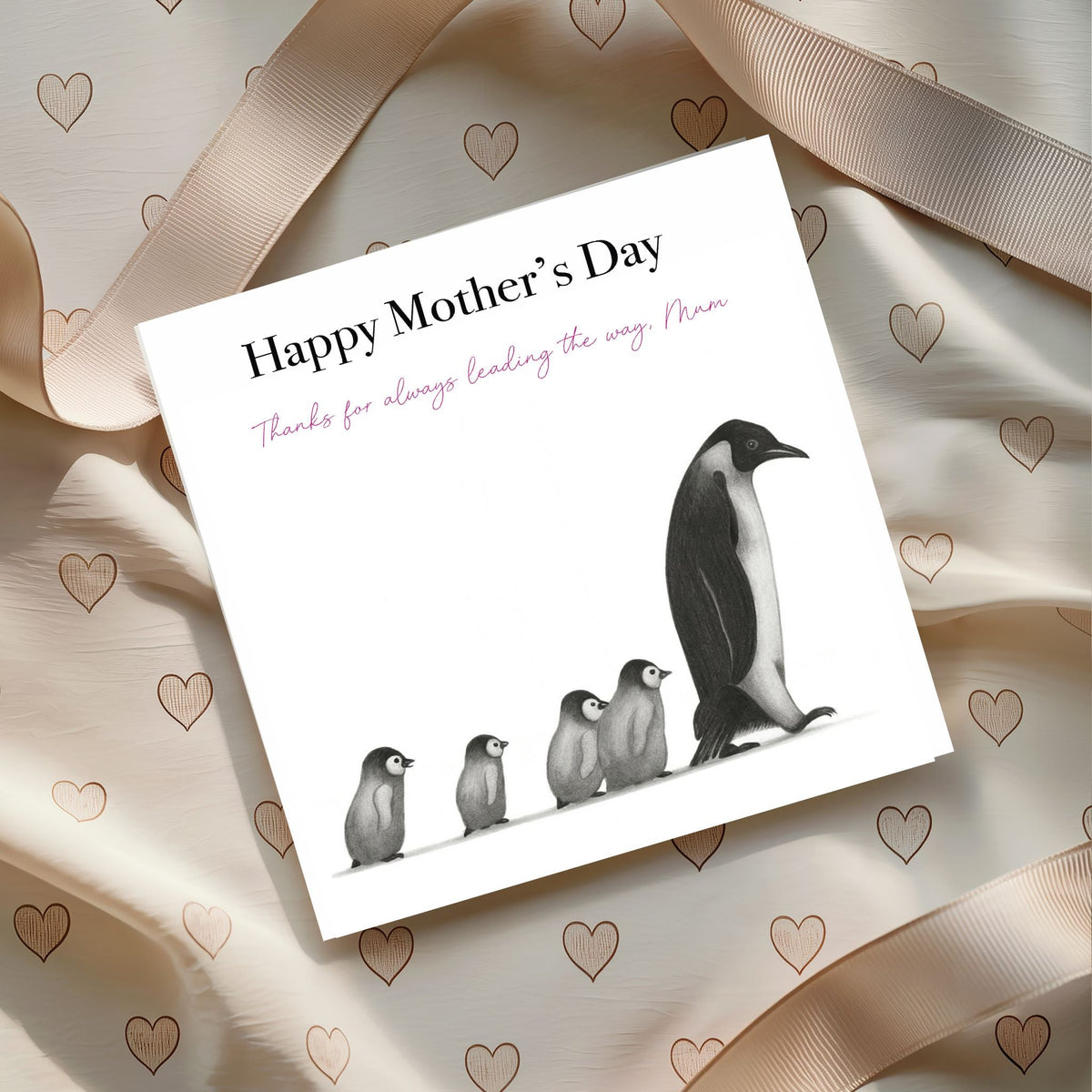 Leading the Way Penguins Mother’s Day Hand-Drawn Greeting Card | Warm & Inspirational Art
