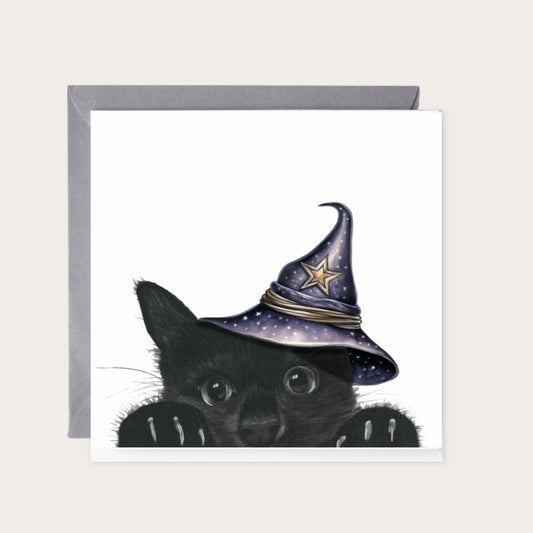 Halloween Witches Cat Greeting Card — card with grey envelope