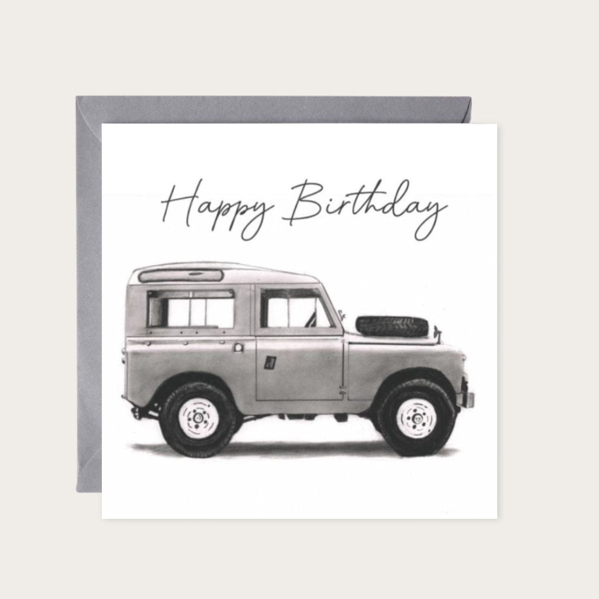 Happy Birthday Land Rover Greeting Card — card with grey envelope