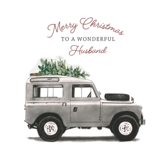 Merry Christmas to a wonderful Husband Classic Land Rover Christmas Card — card front