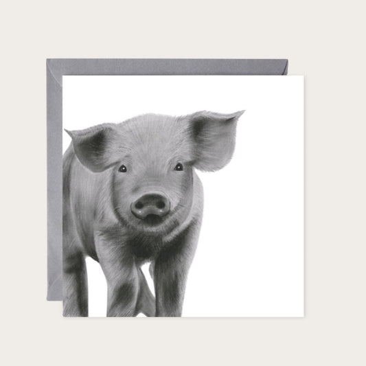 Fun, Adorable Tiaki the Piglet Hand-Drawn Greeting Card – A Charming Tribute to Country Life — card with grey envelope