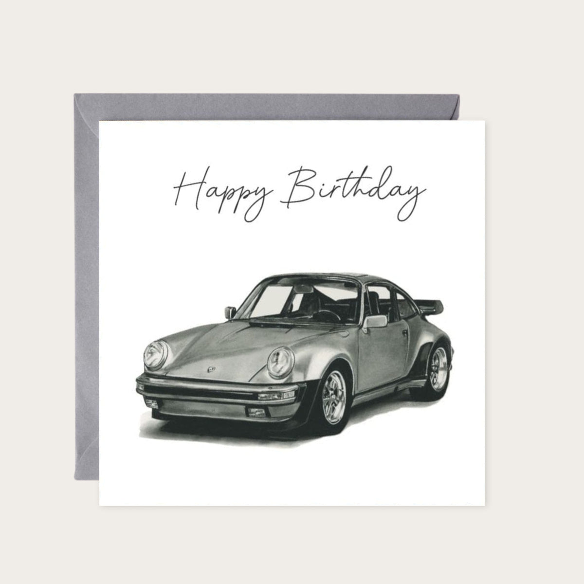Classic German Sports Car Birthday Greeting Card – Porsche Edition — card with grey envelope