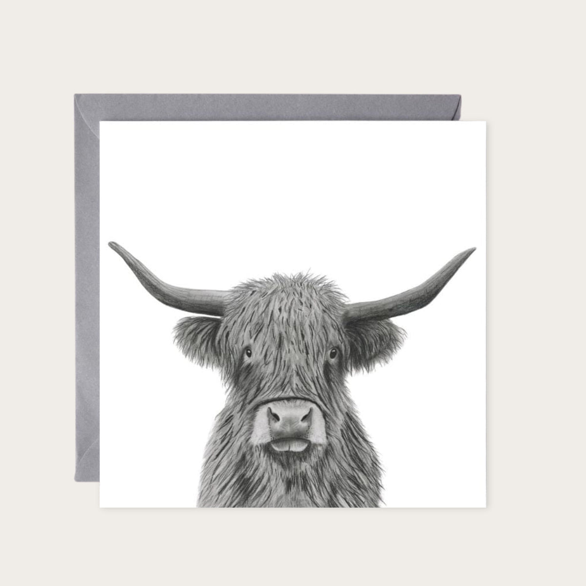 Corvus the Highland Cow Greeting Card — card with grey envelope