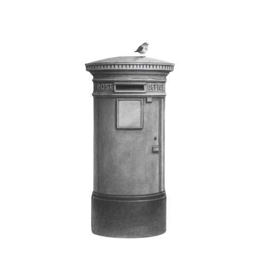 UK Post Box with Robin – Hand-Drawn Greeting Card — card front
