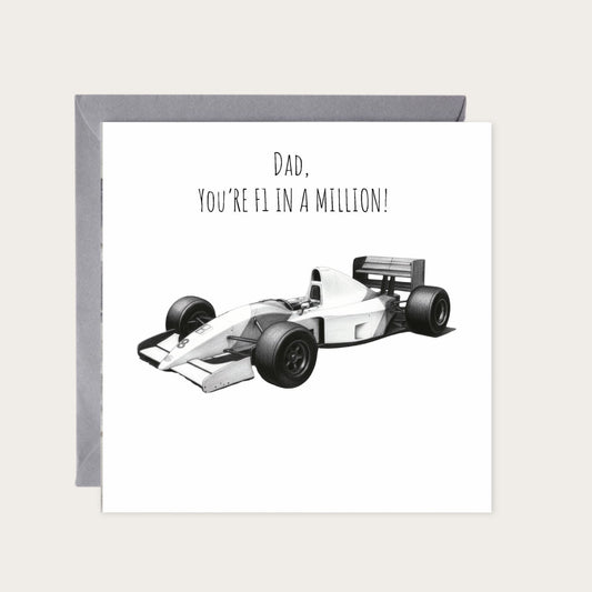 Dad – You’re F1 in a Million Father’s Day Card — card with grey envelope