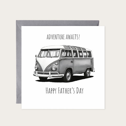Happy Father’s Day Camping Van Card – Adventure Awaits — card with grey envelope