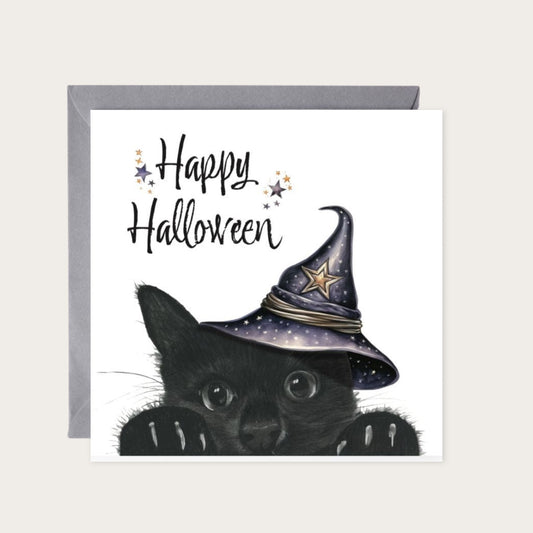 Cute Halloween Witches Cat Greeting Card | Spooky Witchy Halloween Card — card with grey envelope
