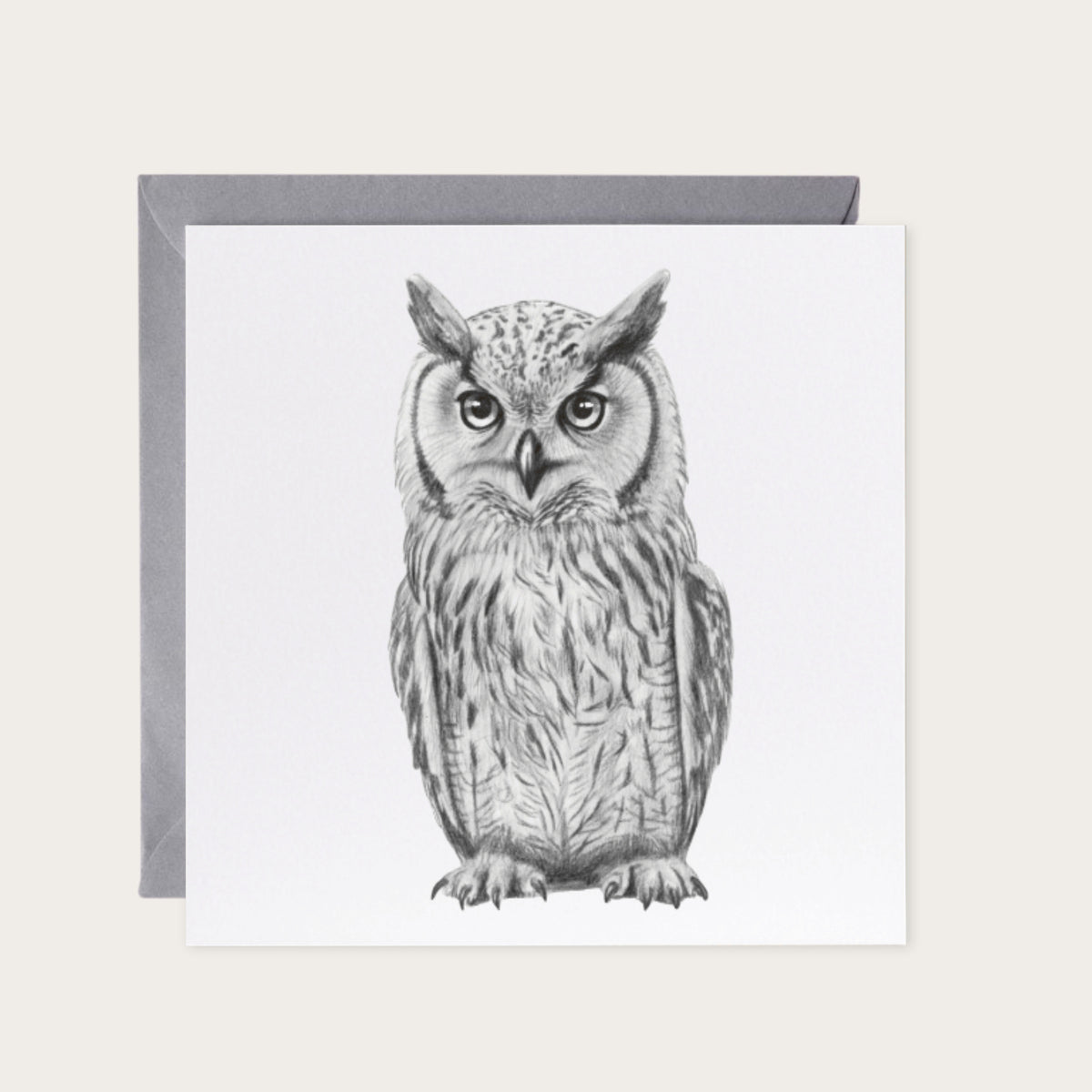 Horned Owl Hand-Drawn Greeting Card — card with grey envelope