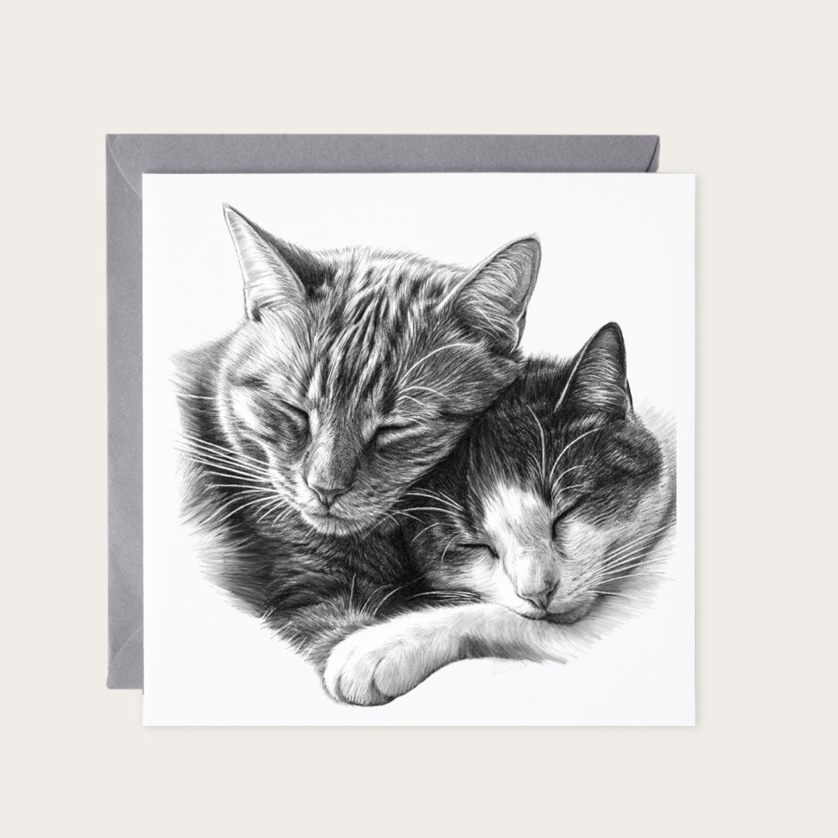 Snuggle Cats Cat Love Greeting Card — card with grey envelope