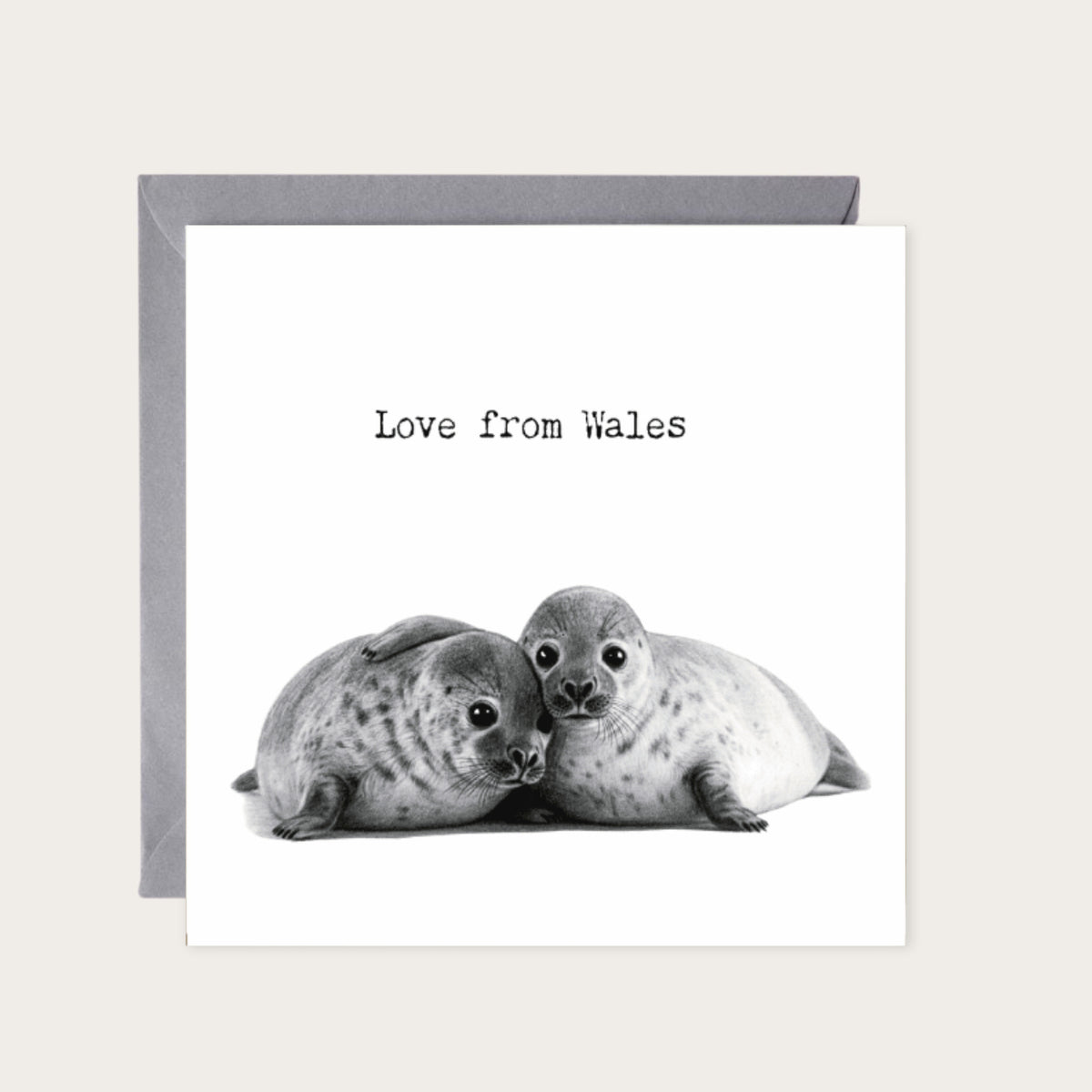 Love From Wales – Cute Seals Greeting Card — card with grey envelope