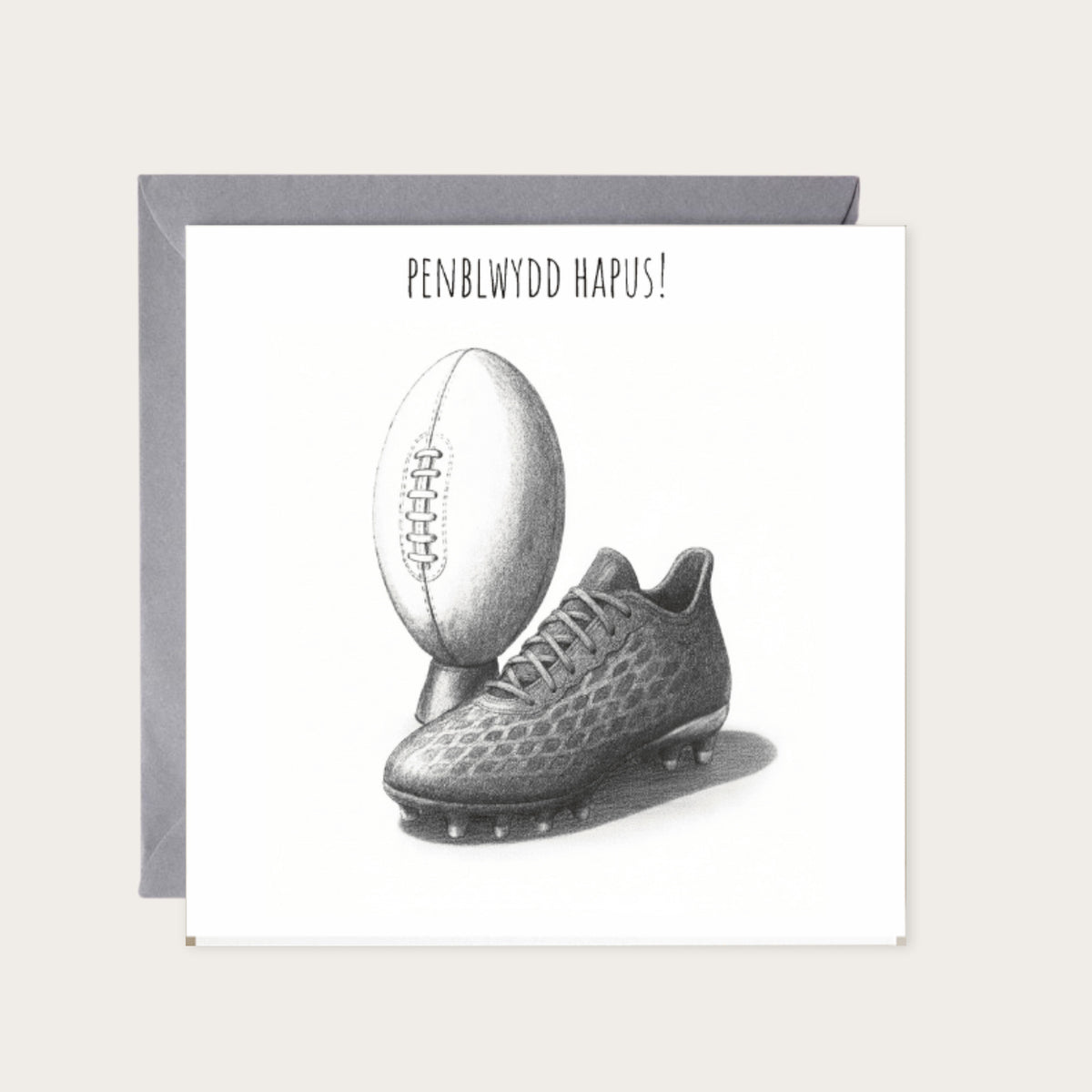 Penblwydd Hapus – Rugby Greeting Card — card with grey envelope
