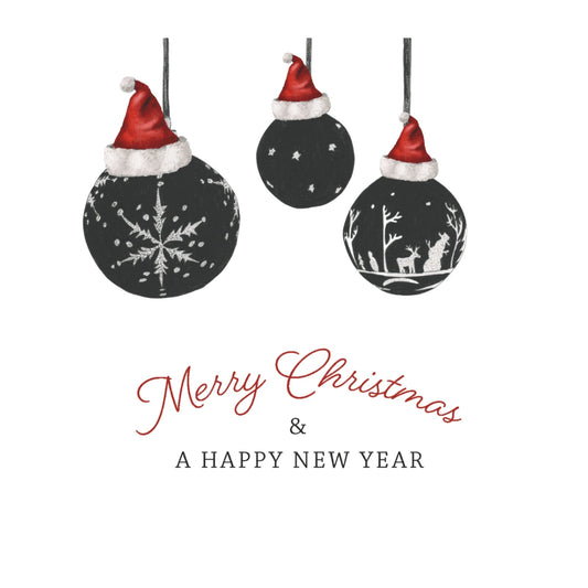 3 Red Hat Baubles Card Christmas Card — card front